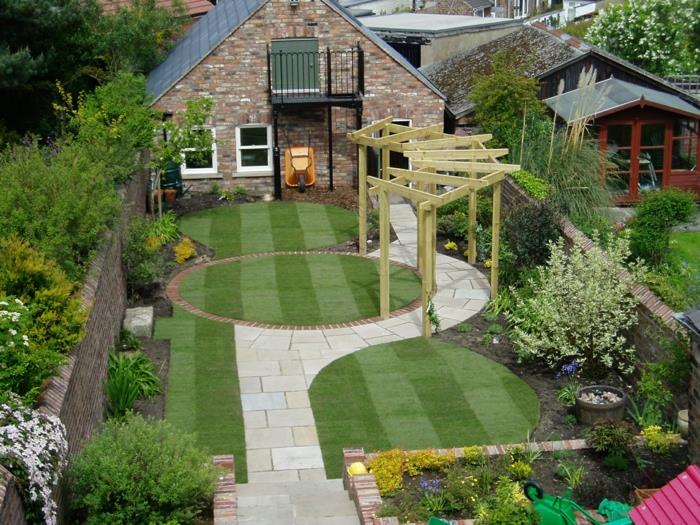 projektowanie ogrodu geometryczne kształty trawnik drewno pergola