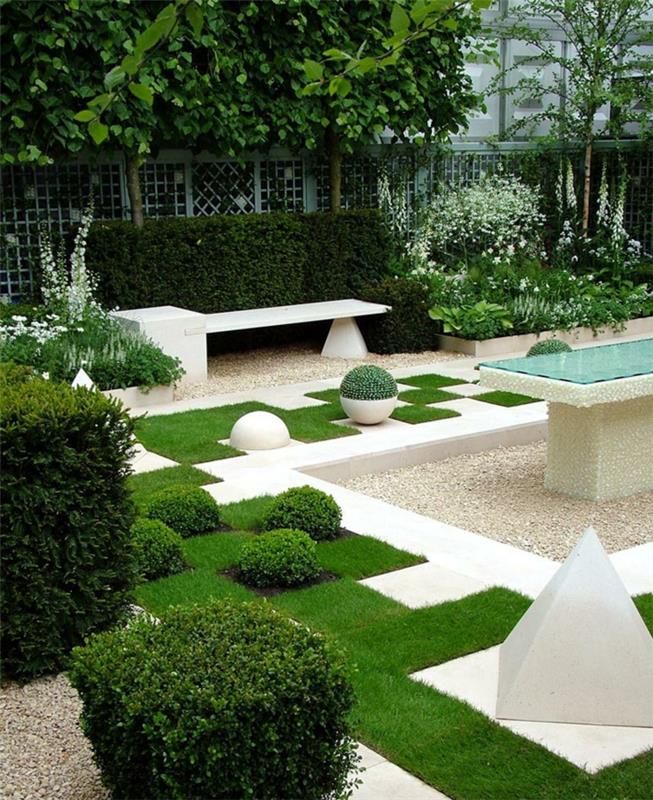 projektowanie ogrodu kamyki kwadratowe kształty ławka marmurowy stół