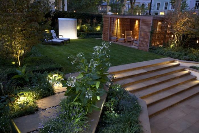 pomysły na projekt ogrodu schody ogrodowe oświetlenie ogrodowe rośliny