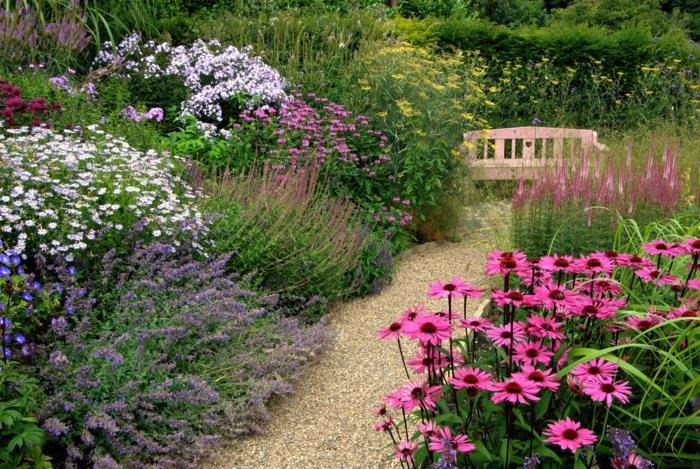 idées de conception de jardin paysage fleurs d'été banc allées de jardin