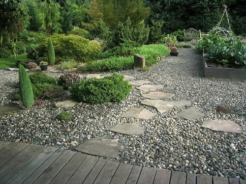 Jardin avant design avec gravier design en pierre naturelle planchers en bois passerelle