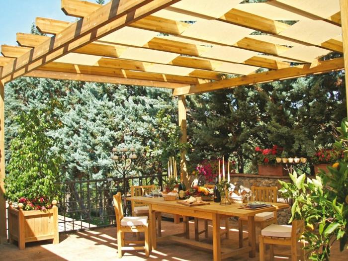 idées de jardin pergola salon de jardin coin repas design fleurs bougies