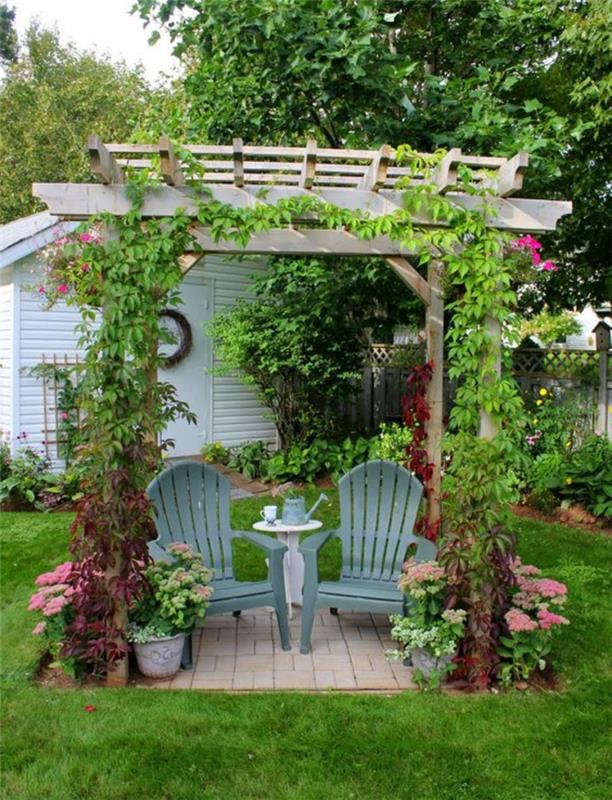 idées de jardin pergola plantes chaises de jardin pelouse verte
