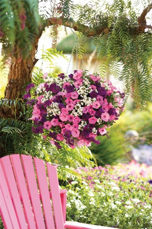 pomysły na ogród petunie i różowe krzesło ogrodowe