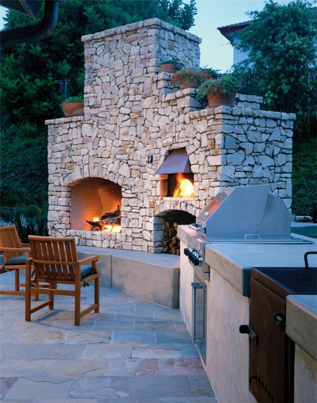 jardin cheminée design cosy pierres cuisine en plein air