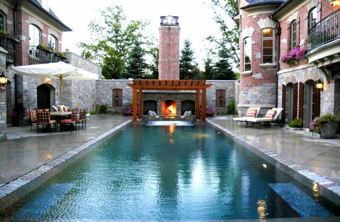jardin cheminée piscine salon de jardin pierres