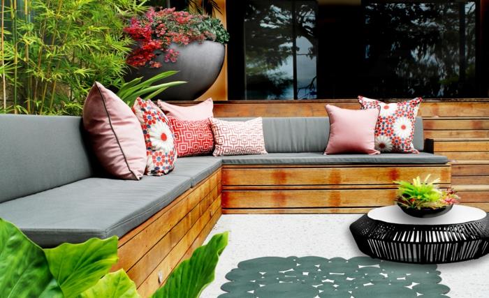 zestaw mebli ogrodowych ławka stolik kawowy poduszki tkaniny pielęgnacja