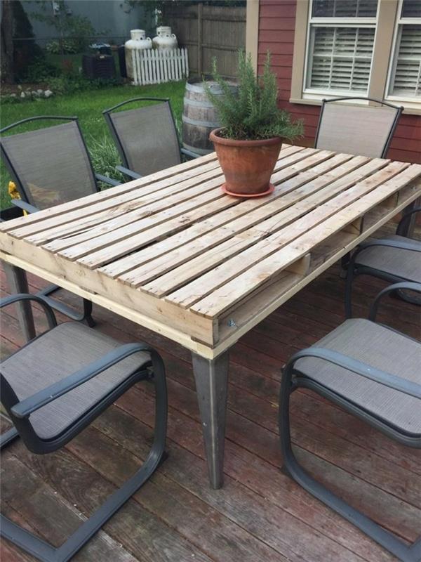 salon de jardin en palettes, table et chaise devant le jardin