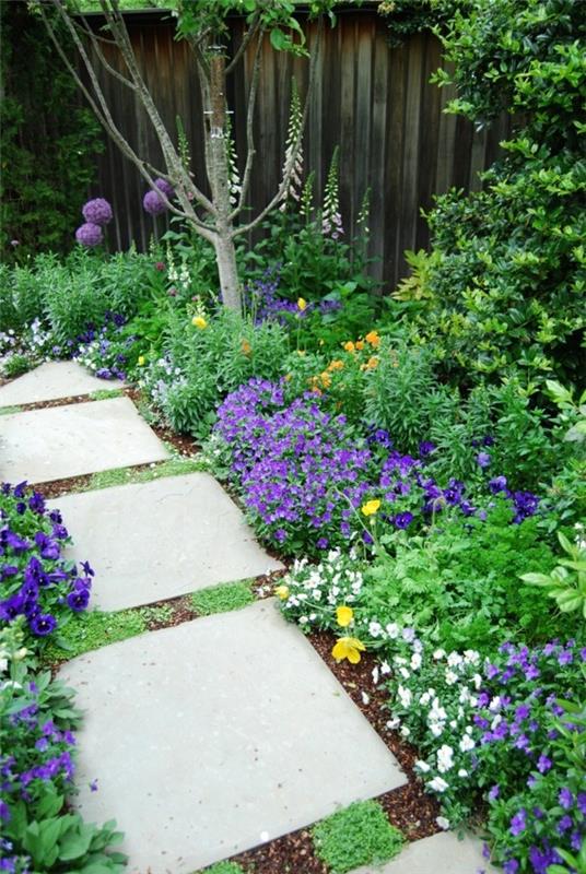 chemin de jardin idée fleurs violet blanc tremplin