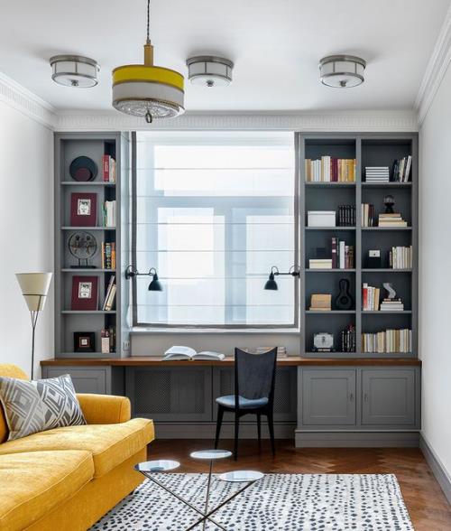 accents jaunes dans le bureau à domicile inspiration de bureau confortable canapé jaune charisme chaleureux ambiance très attrayante