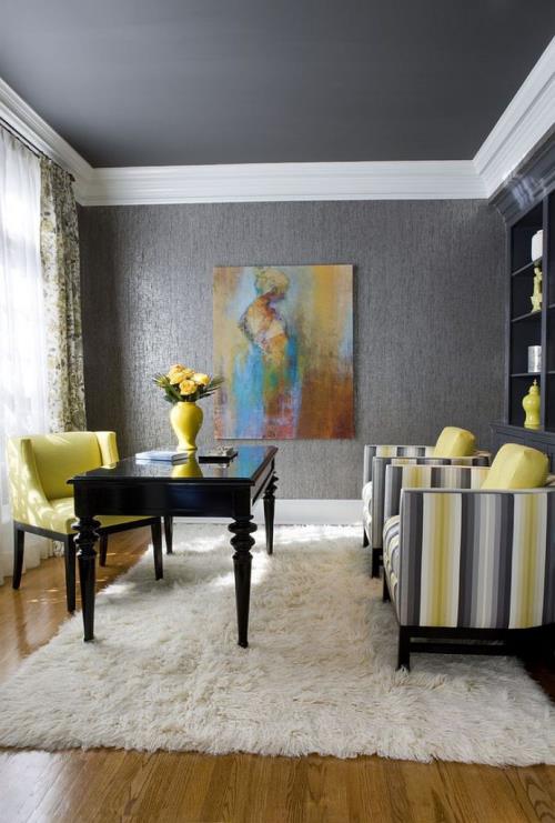 accents jaunes dans le bureau à domicile inspiration de bureau design artistique fauteuil jaune table noire murale fauteuil à rayures droite