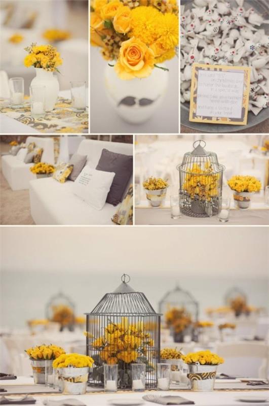 żółte kwiaty dekoracja klatki dla ptaków ślub