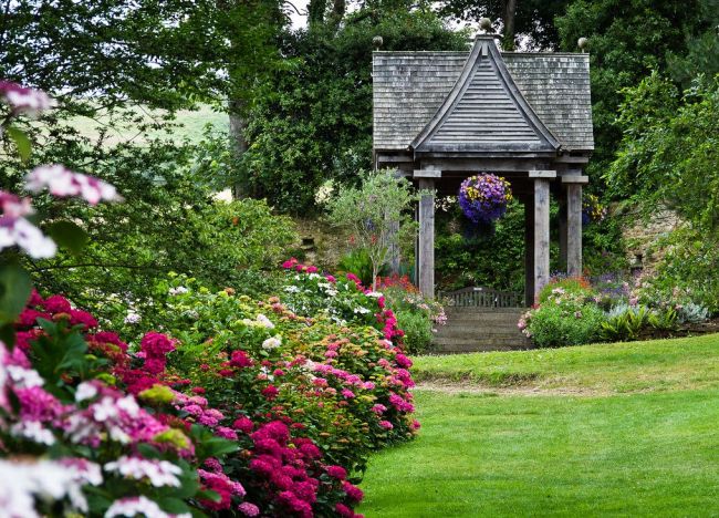 Eine helle Reihe von Hortensien umrahmt den Weg zum Pavillon