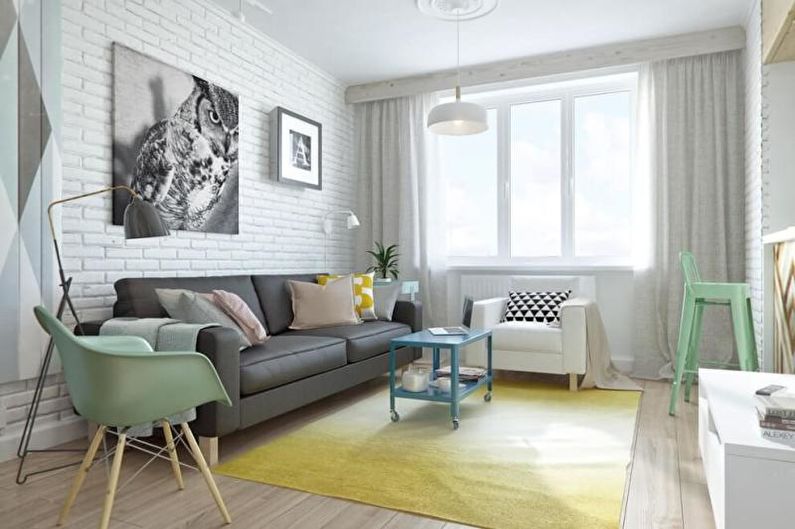 Zelený skandinávský obývací pokoj - interiérový design