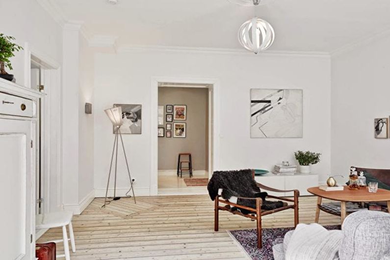 Bílý skandinávský obývací pokoj - interiérový design