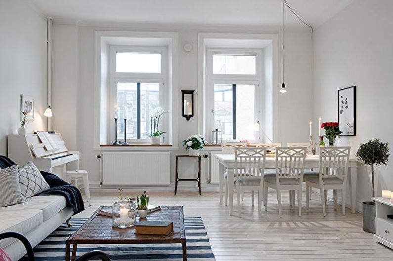 Bílý skandinávský obývací pokoj - interiérový design