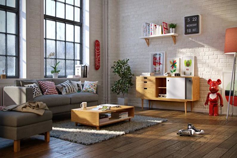 Obývací pokoj v béžovém skandinávském stylu - interiérový design