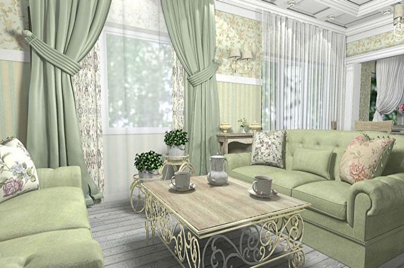 Zelený obývací pokoj ve stylu Provence