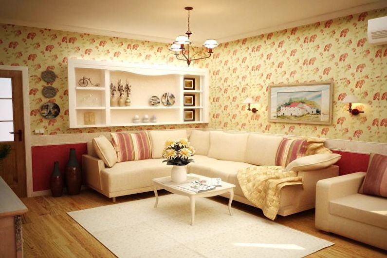 Obývací pokoj ve stylu Provence v jasných barvách - interiérový design
