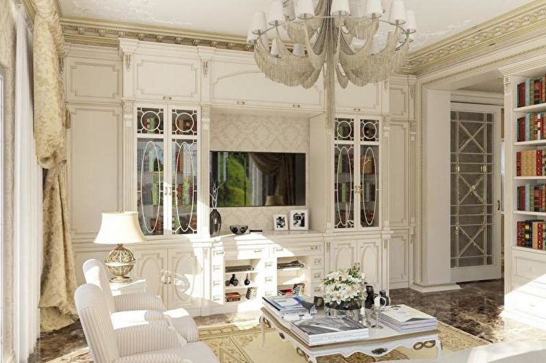 Bílý obývací pokoj ve stylu Provence - interiérový design