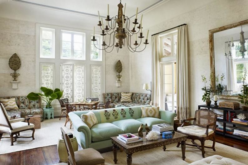 Obývací pokoj ve stylu Provence v pastelových barvách - interiérový design