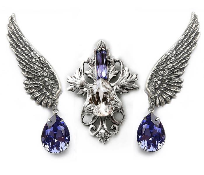 gotycki komplet biżuterii kolczyki broszka kamienie swarovski srebro