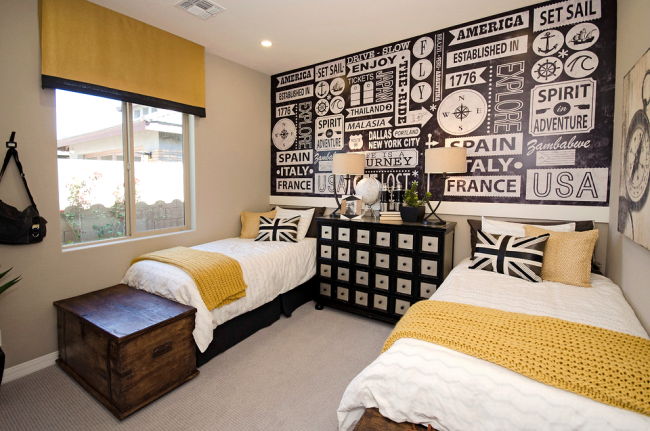 Skvělá kombinace žluté a černé v designu ložnice