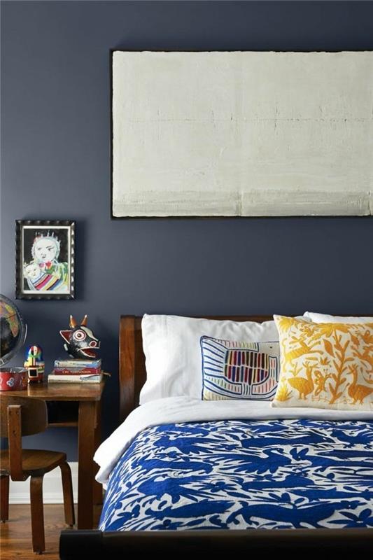 szare ściany niebieskie odcienie sypialni