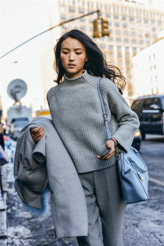 szary sweter moda damska zimowe trendy w stylu nowojorskim casual