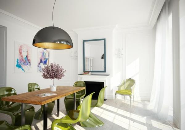 zielone-krzesła-białe-ściany-jadalnia