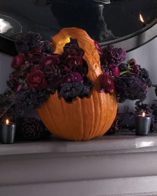 halloween dekoracja stołu kosz kwiatów z dyni