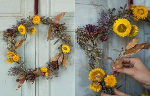 bricoler automne décoration paille fleur couronne