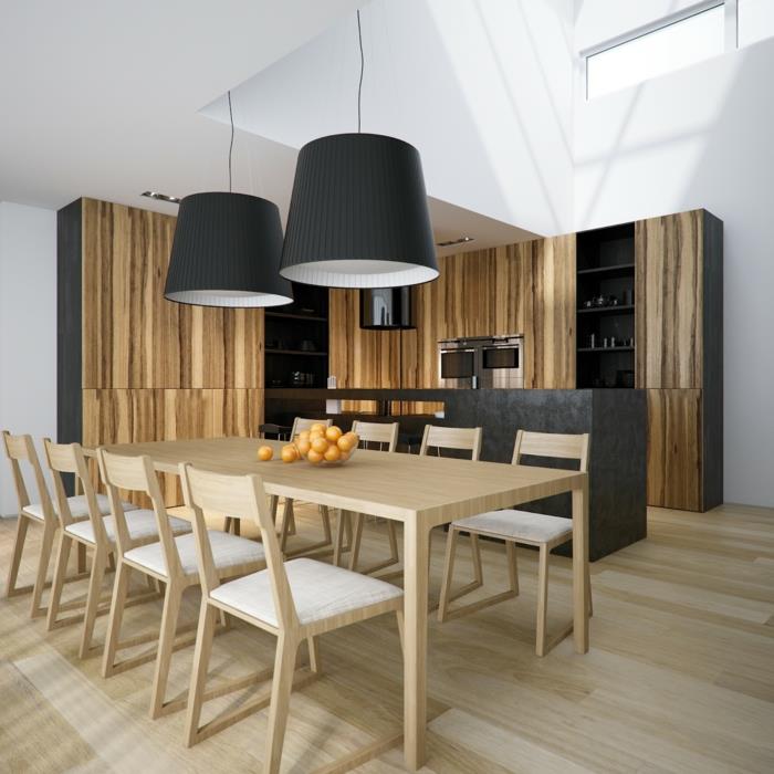 luminaires suspendus meubles en bois salle à manger abat-jour noirs