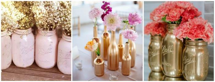 pomysły na ślub pomysły na recykling dekoracje stołu pomysły na majsterkowanie zrób wazony samemu złoty różowy spray