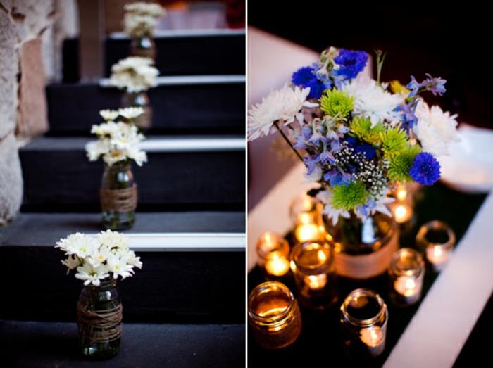 pomysły na ślub recykling zrównoważona dekoracja schody dekoracje stołu słoje murarskie lampiony wazony