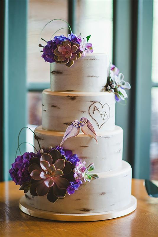 gâteaux de mariage écorce de bouleau aspect glaçure succulentes hortensias violets oiseaux