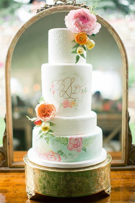 gâteaux de mariage fleurs roses pivoines support à gâteaux peints à la main or