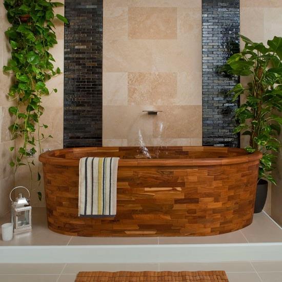drewniana wanna nowoczesna łazienka mozaika ścienna