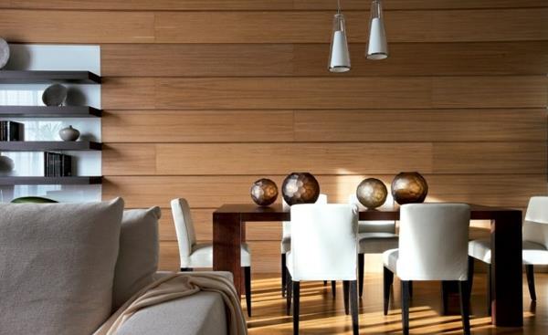 panele drewniane jadalnia projekt ściany eleganckie białe krzesła