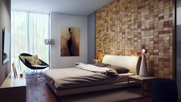 panele drewniane sypialnia ściana projekt wygodny fotel