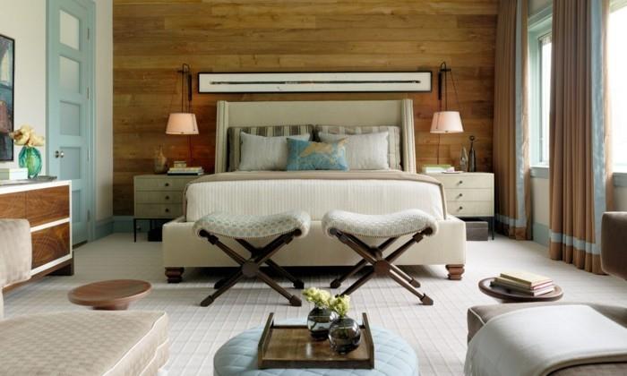 boazeria z drewna elegancka sypialnia biały dywan stołek stylowe zasłony