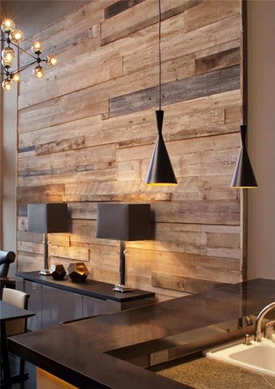 drewniane panele nowoczesne przytulne wiszące lampy kuchenne