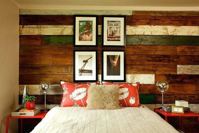 drewniane panele ścienne w sypialni kolorowe akcenty