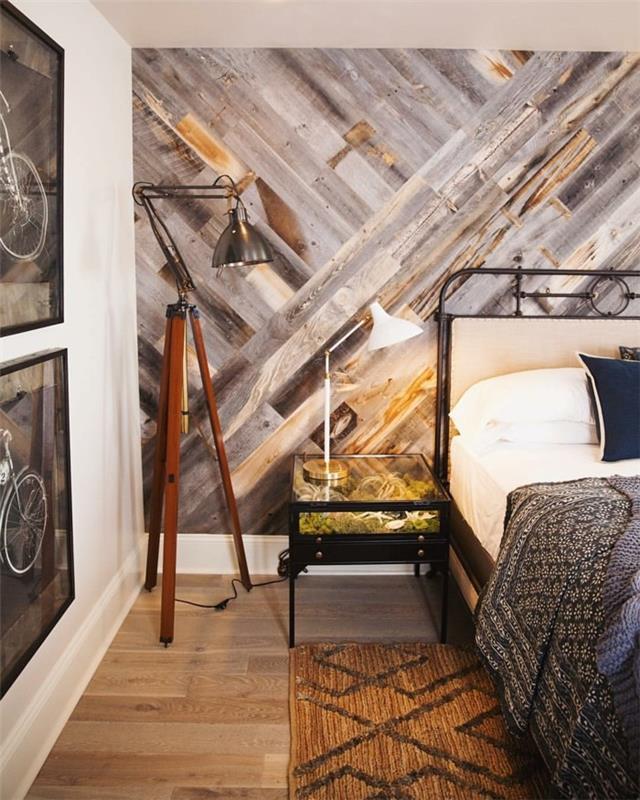 boazeria drewniana sypialnia projekt ściany drewniana podłoga fantazyjny stolik nocny