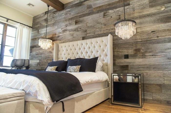 drewniane panele ścienne sypialnia projekt rustykalne piękne wiszące lampy
