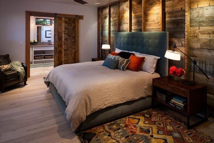 drewniane panele ścienne sypialnia kolorowy dywan