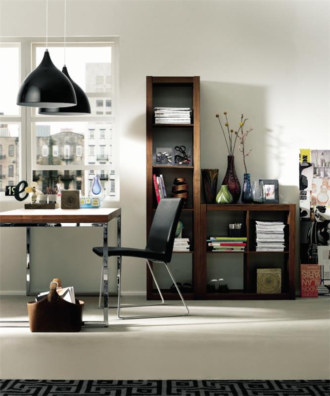 wyposażenie biura domowego otwarte półki lampy wiszące stół skórzane krzesło