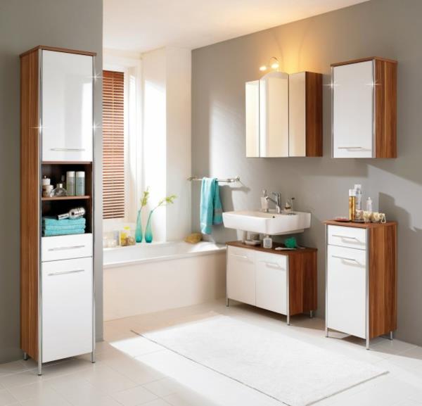 higiena w łazience wąskie półki białe fronty