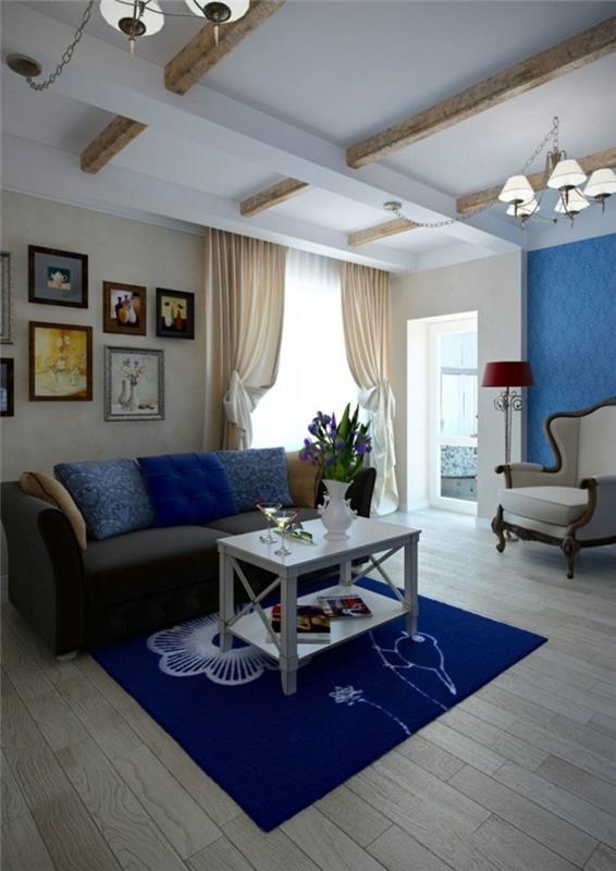 projektowanie wnętrz salon niebieski dywan kwiatowy wzór podłogi