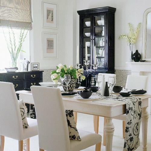 intérieur en décoration noir et blanc coussins assiettes verres